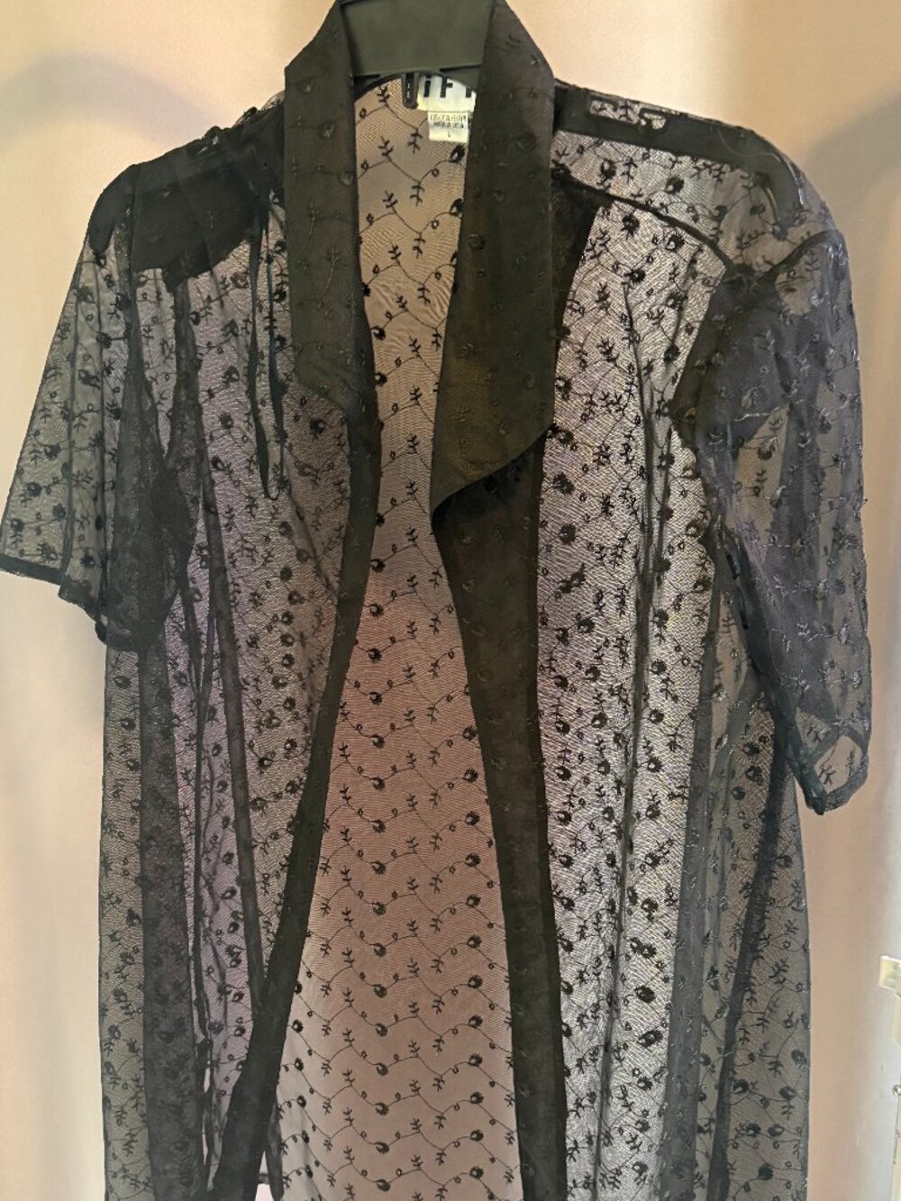 Title: Vintage IFI Black Sheer Embroidered Mesh Open Front Duster Blouse